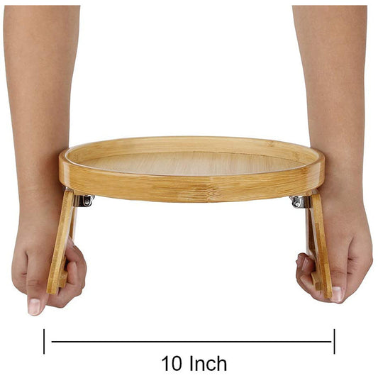 Round Foldable Bamboo Sofa Tray With Legs - Portable & Easy To Use - Foldable Legs.