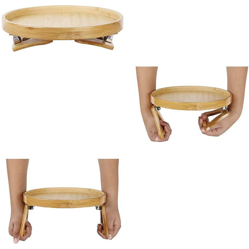 Round Foldable Bamboo Sofa Tray With Legs - Portable & Easy To Use - Foldable Legs.